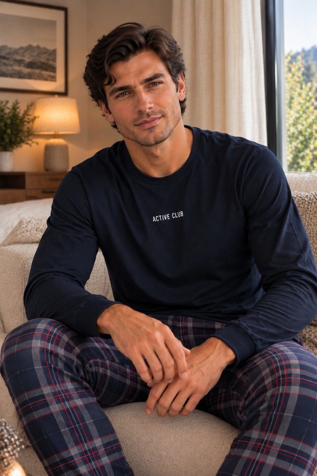 Men's Interlock Long Sleeve Cotton Plaid Bottom Pajama Set