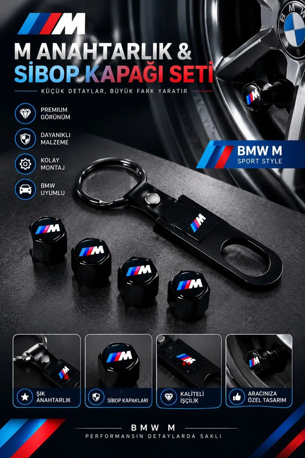 Keychain and Valve Cap Set 4-Piece Vehicle Accessory
