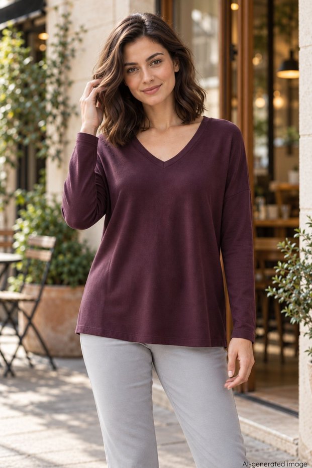 V-Neck Viscose Two-Thread Blouse - Plum