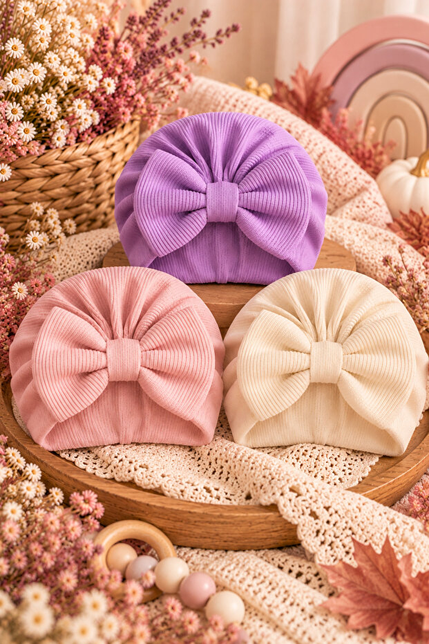 Bow Double Layer Baby Bonnet Set of 3 - Purple/White/Pink