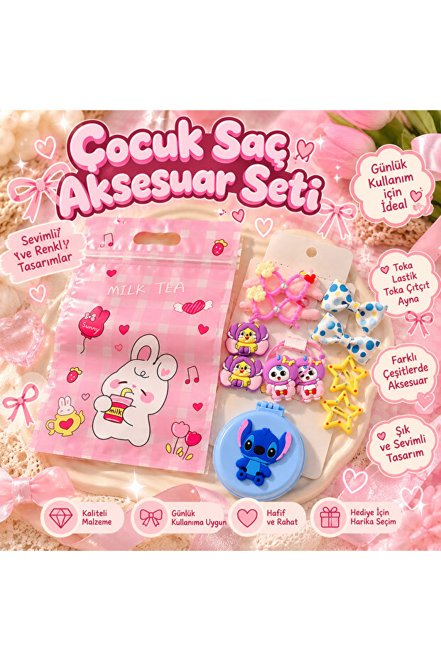 Girl's Accessory Set – 10-Piece Hair Set with Buckles, Elastics, Mirrors, and Combs