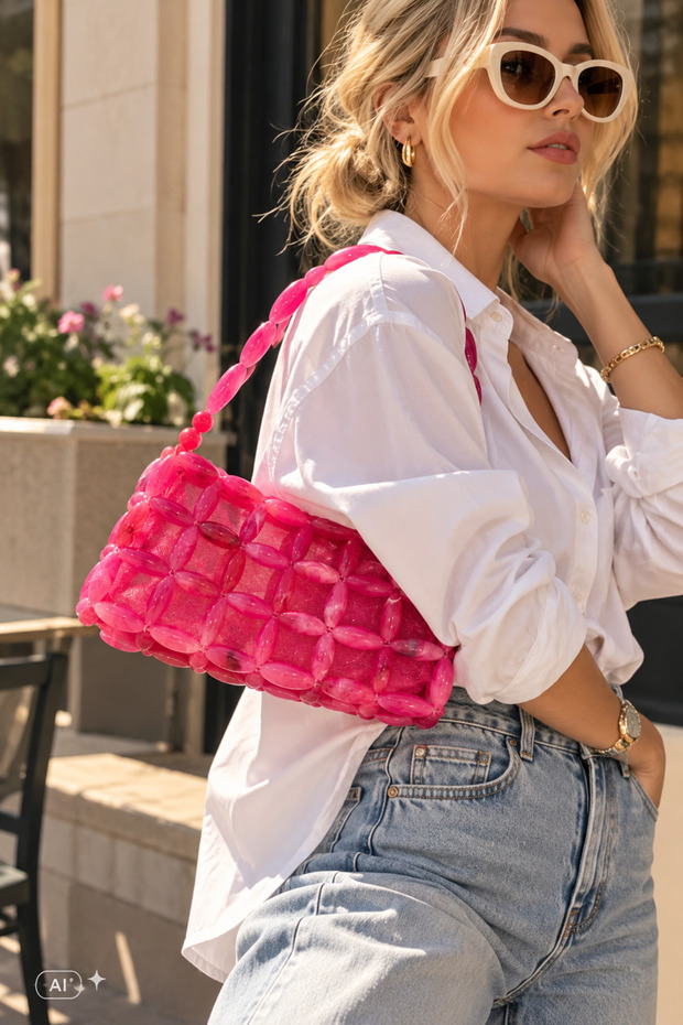 Beaded Shoulder Bag Women's Handmade Special Design Lined Pink Bag
