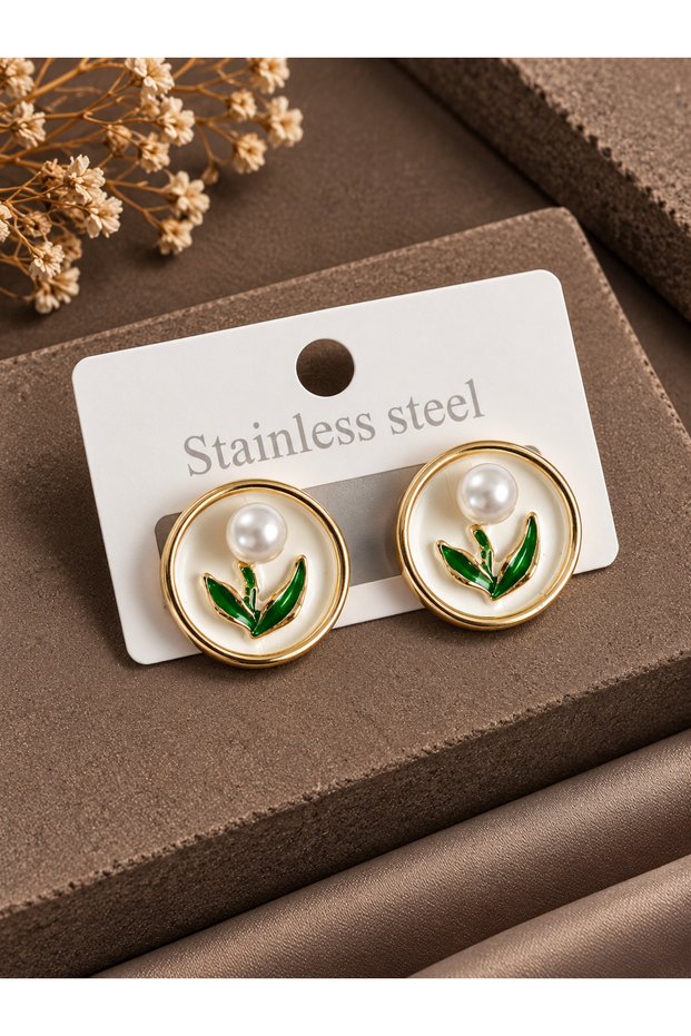 Brass White Enameled Tulip Figured Artistic Portrait Model Gold Color Women's Earrings