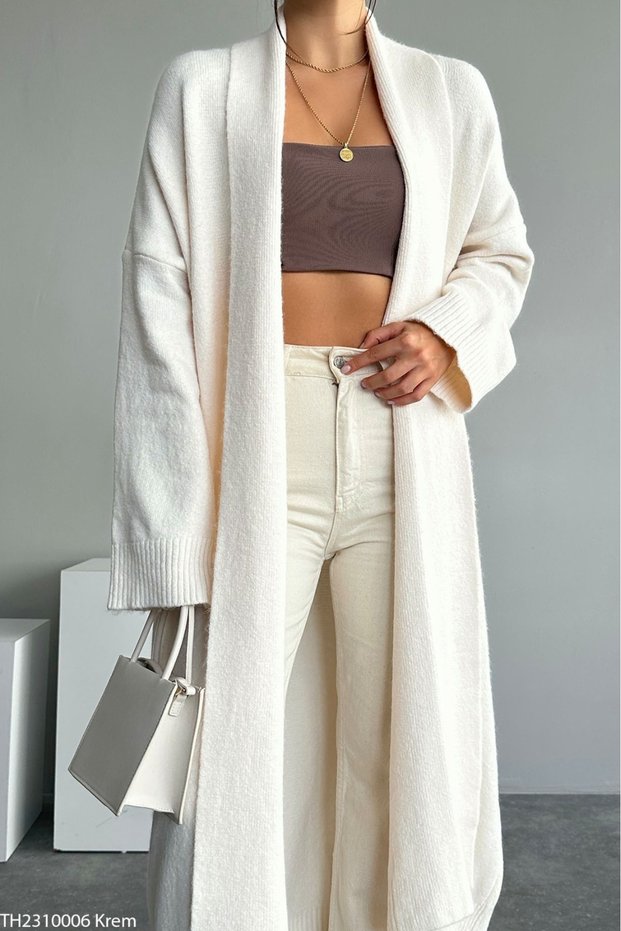 Women's Cream Shawl Collar Long Knitwear Cardigan
