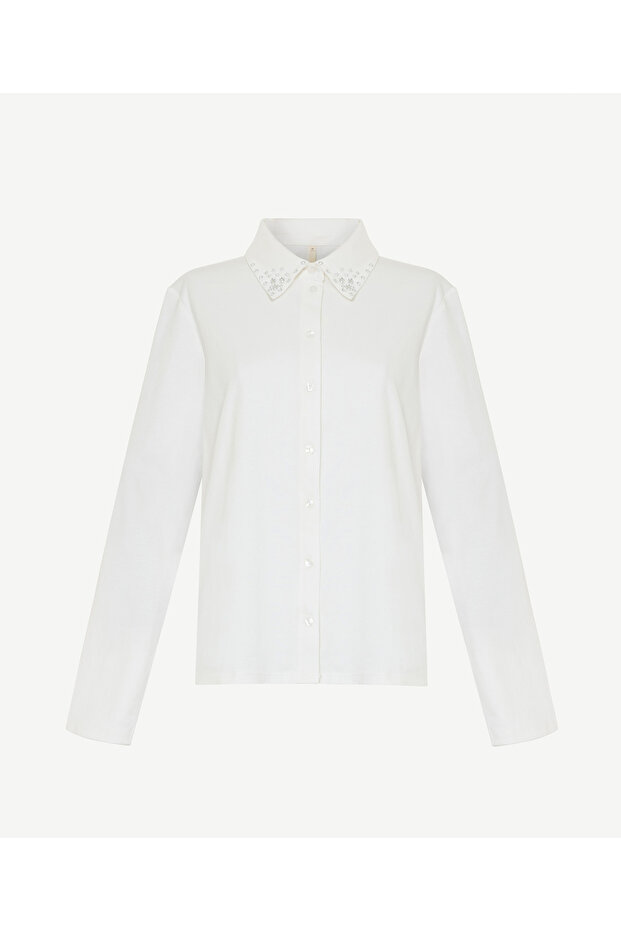 Stone Detailed Shirt Collar Long Sleeve T-Shirt