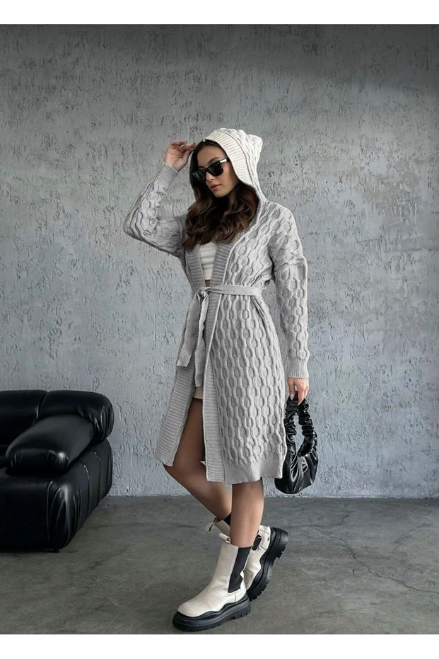Standard Size Gray Color Hooded, Belted, Patterned Long Knit Cardigan