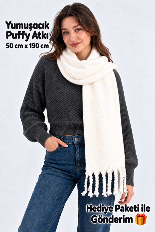 Puffy Off-White Ecru Soft Textured Women's Scarf Shawl Shoulder Shawl 50 cm X 190 cm