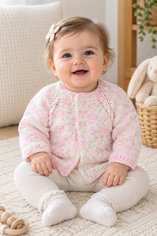 0-1 Year Old Knitted Pink Marbled Patterned Baby Girl Cardigan