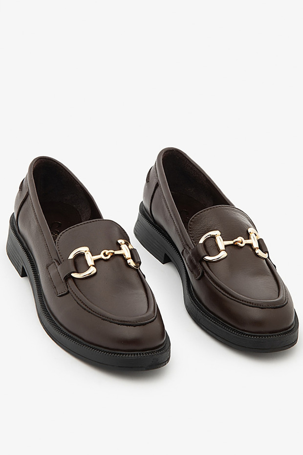 Brown Genuine Leather Women's Loafer Shoes with Chain Buckle