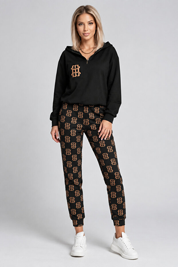 Women's Long Sleeve Viscose Two-Thread Fabric Zipper and Pocket Detail Hooded Double Set