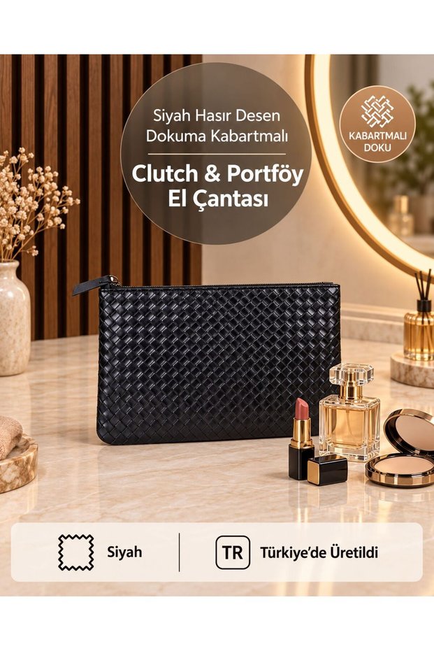 Wicker Black Pattern Woven Embossed Clutch Portfolio Handbag