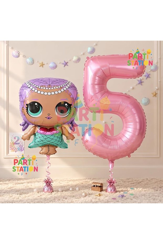 Mermaid LOL Doll 5 Years Old Balloon and Pink Number Balloon Birthday Party Set