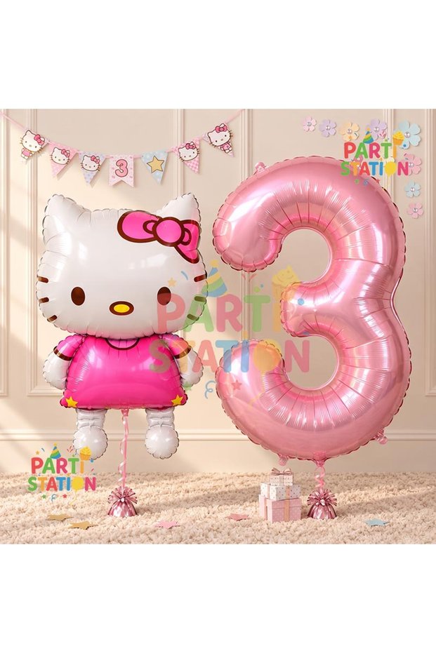 Hello Kitty 3 Year Old Birthday Balloon and Pink Number Party Set