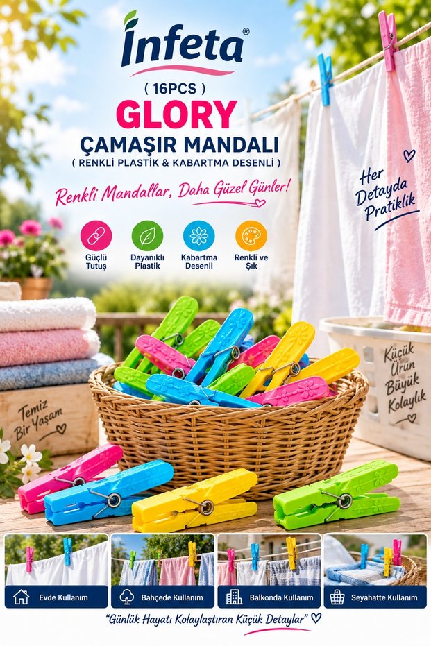 16 Pieces of Colorful Plastic Clothespins with Embossed Patterns Spring-Loaded Clothespin Set