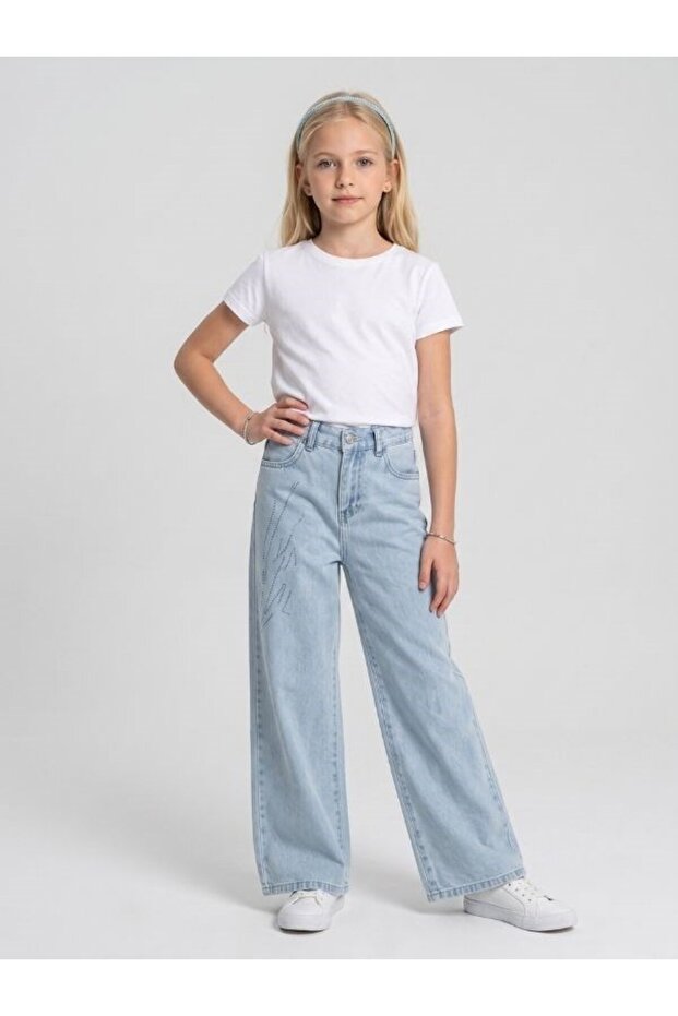 Girl's Stoned Wide-Leg Design Jean Trousers