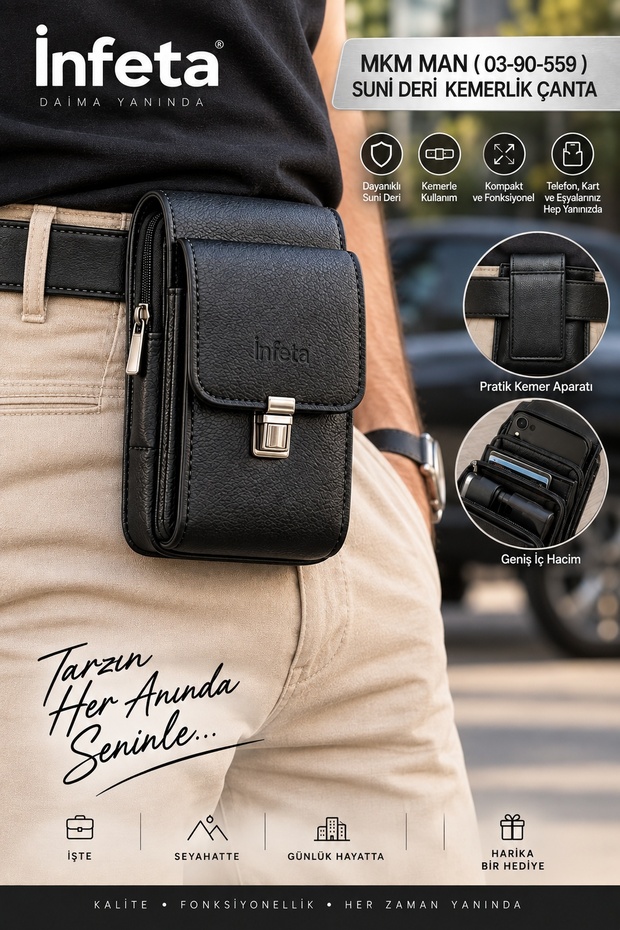 Black Faux Leather Men's Belt Bag with Zipper and Multiple Compartments Waist Phone Bag