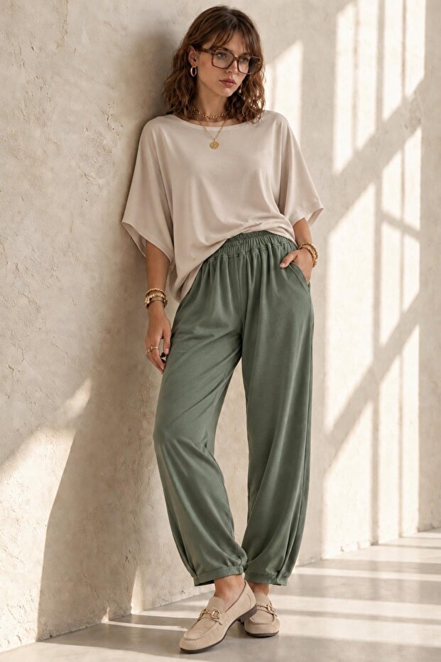 Mona Women's Comfortable Modal Shalwar Trousers with Elastic Waist in Khaki