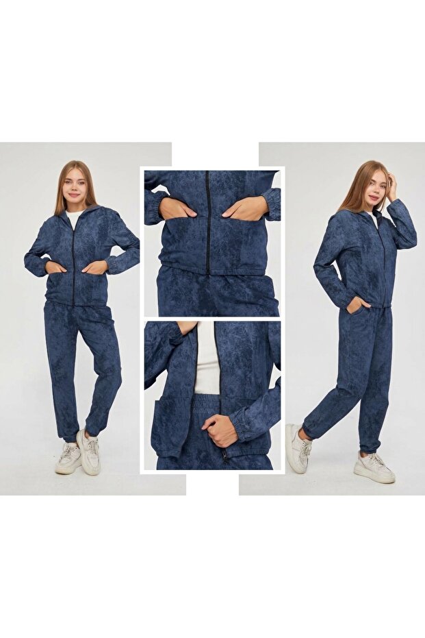 Women's Tracksuit Set with Hooded Zipper, Acid Wash, Tie-Dye Pattern, 100% Cotton