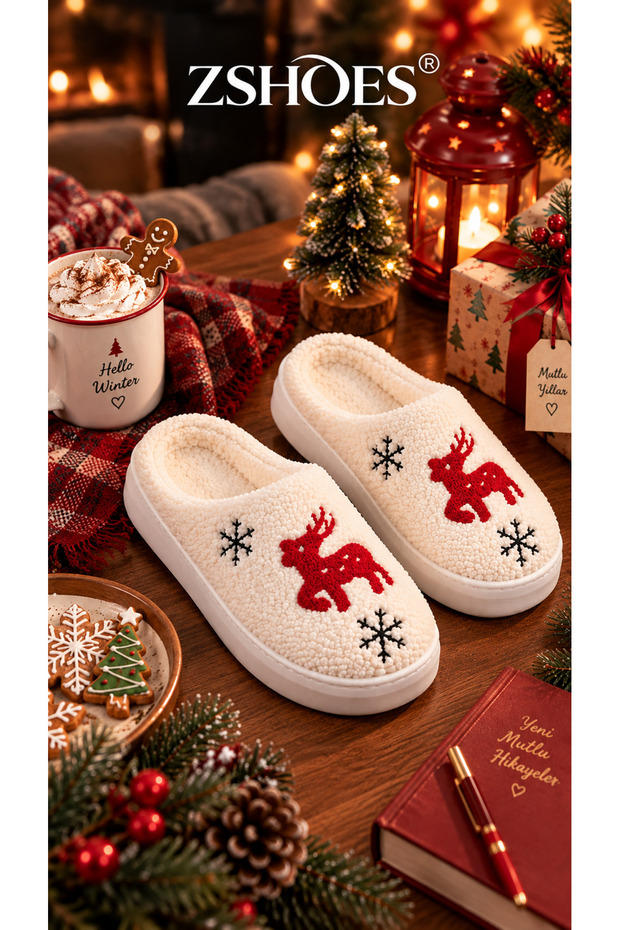 Patterned Plush Non-Slip Sole Lightweight Winter House Slippers (Christmas Detail)