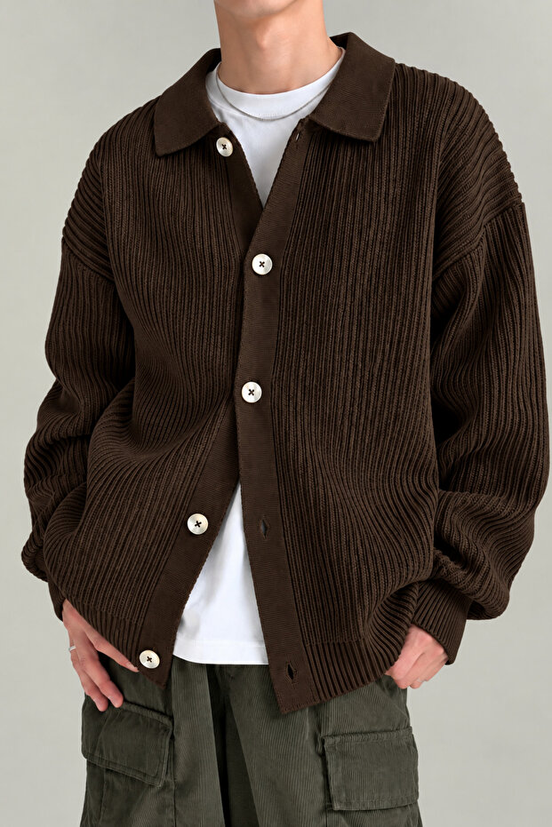Men's Cardigan Oversize Fit Buttoned Polo Collar Knitwear Sweater Non-Stretch