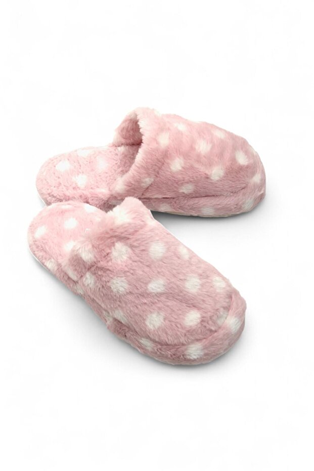 Pink Plush Textured Lightweight Closed-Front Polka Dot Comfortable Winter House Slippers