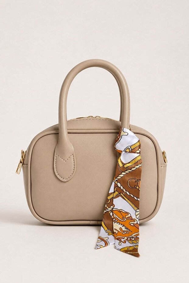 Mink Faux Leather Textured Mini Size Zipper Detailed Patterned Scarf Shoulder Strap Handbag