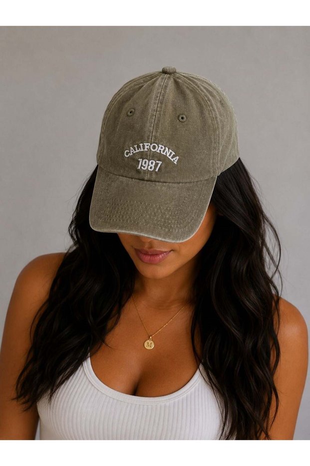 Khaki Denim Fabric Washed Look California Text Embroidered Adjustable Fit Baseball Cap