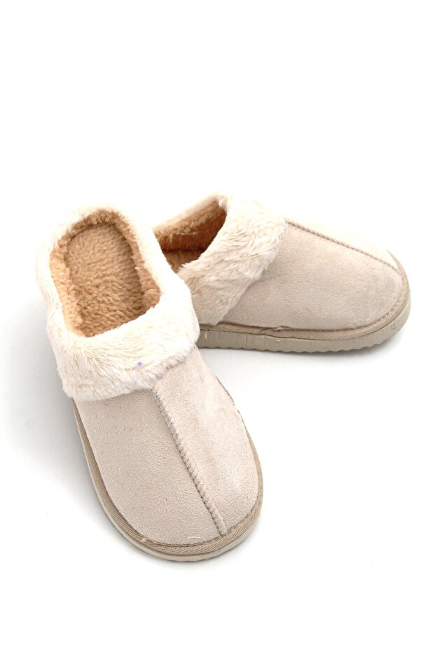 Beige Nubuck Textured Wool Inside, Soft Design, Comfortable Home Slippers Suitable for Daily Use