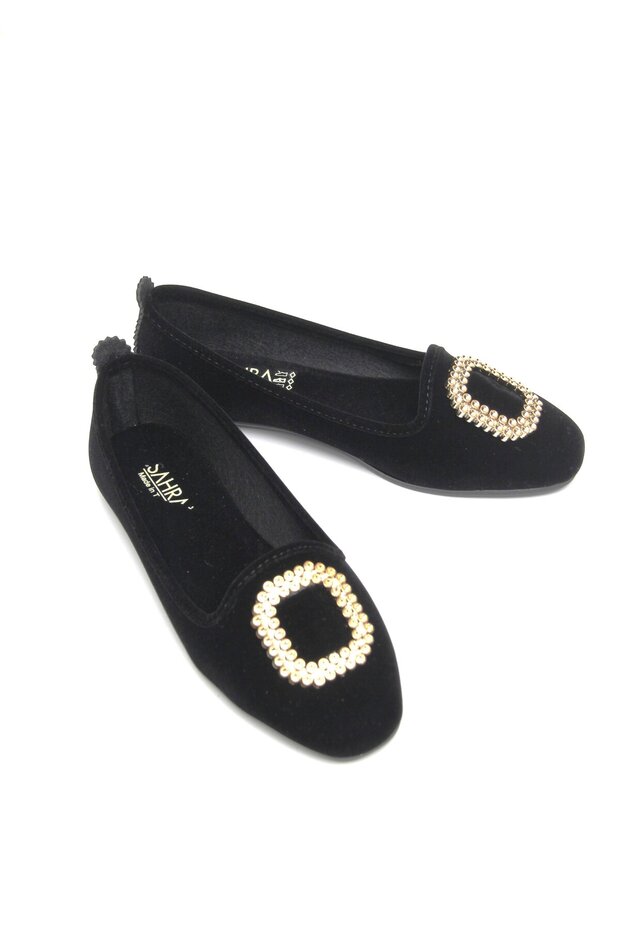 Black Suede Textured Flexible Sole Lightweight Daily Ballet Flats with Gold Buckle Accessories