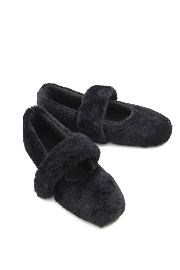 Black Plush Textured Lightweight and Flexible Single-Strap Winter Casual Home Shoes