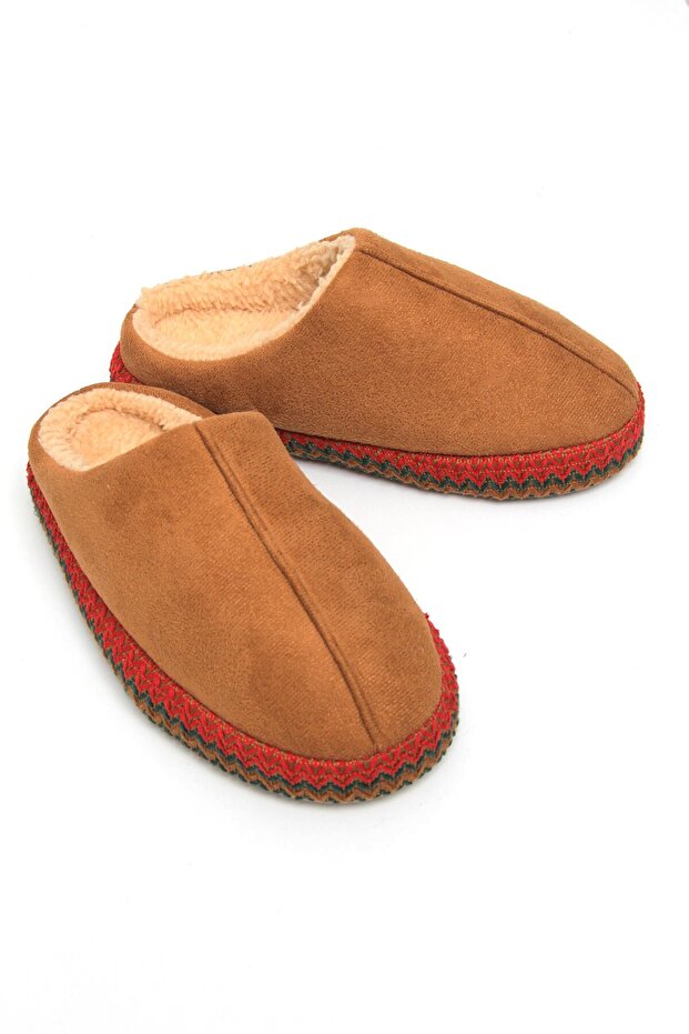 Tan Suede Textured Soft Plush Inside with Embroidery Detail Comfortable Form-Fitting House Slippers