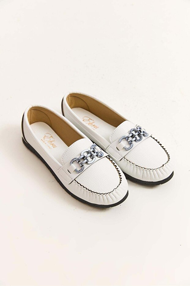 White Faux Leather Textured Comfortable Cut-Out Casual Flat Sole Shoes with Metal Accessories