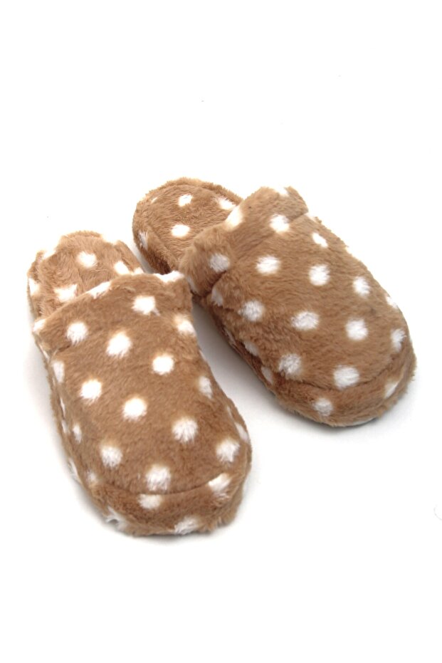 Brown Plush Textured Polka Dot Patterned Closed-Front Soft Winter Comfortable House Slippers