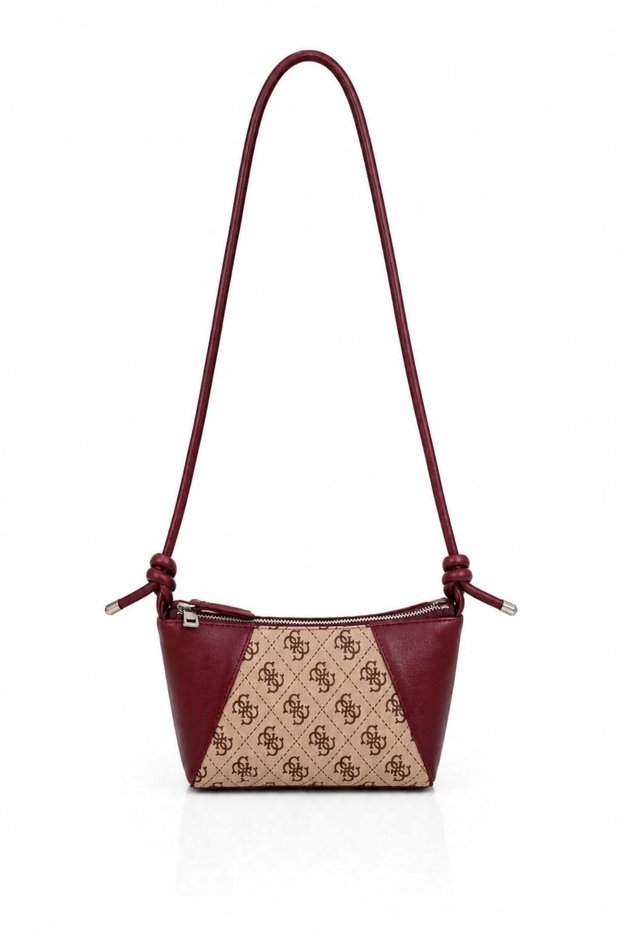 Burgundy Thin Strap Monogram Patterned Zippered Small Form Minimal Shoulder Bag