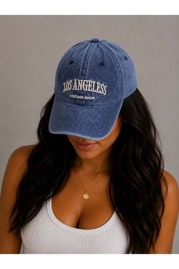 Navy Blue Denim Washed Fabric Los Angeles and W Embroidery Detailed Adjustable Baseball Cap