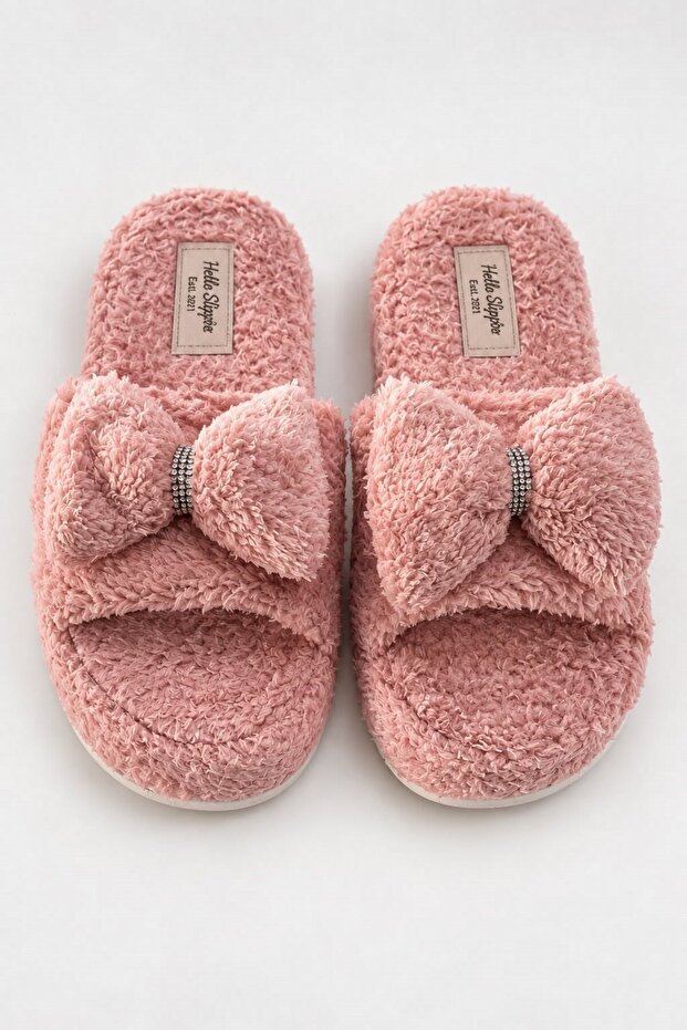 Pink Plush Fabric Soft Sole Bow Detailed Comfortable Fit Daily Home Slippers