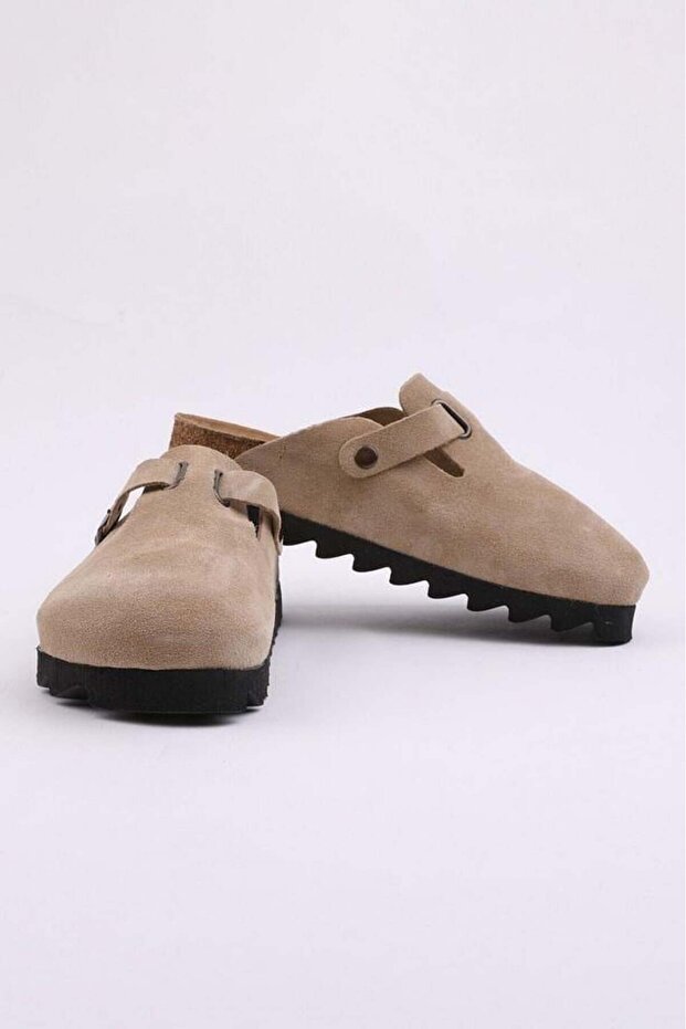 Beige Suede Look, Lightweight, Buckle Detailed, Flat Sole, Closed Front, Comfortable Slippers