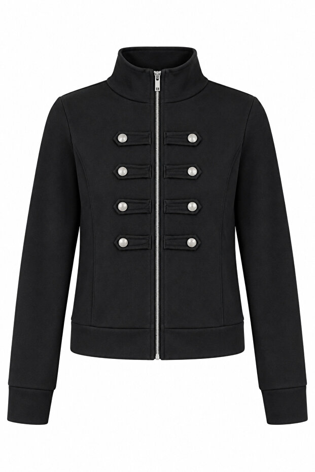 Black Stand Collar Zippered Knitted Sweatshirt with Crystal Stone Button Detail and Long Sleeves with Cuffs