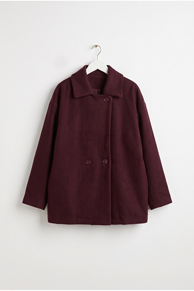 Burgundy Cashmere Look Classic Collar Long Sleeve Loose Cut Side Pockets Buttoned Seasonal Coat