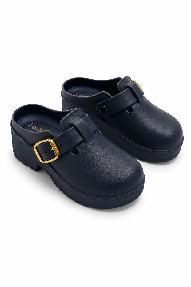 Navy Blue Leather Textured Six Centimeter High Sole Gold Buckle Detailed Platform Sabo Slippers