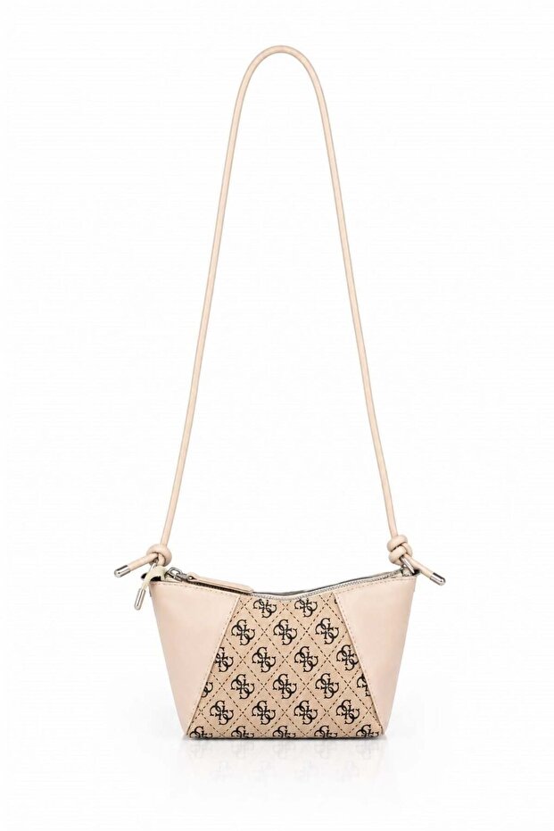 Cream Thin Strap Monogram Patterned Minimal Form Shoulder Bag with Zipper Detail