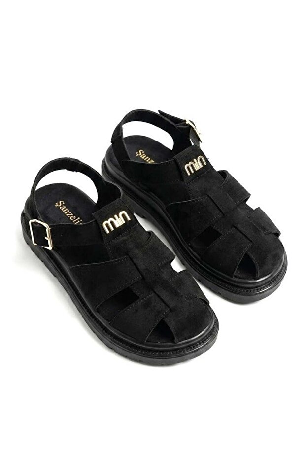 Black Suede Textured Orthopedic Sole Closed Toe Sandals with Buckle Detail, Suitable for Daily Use