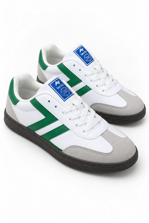 Green Faux Leather Suede Textured Thick Sole Retro Stripe Detailed Lace-Up Sneakers