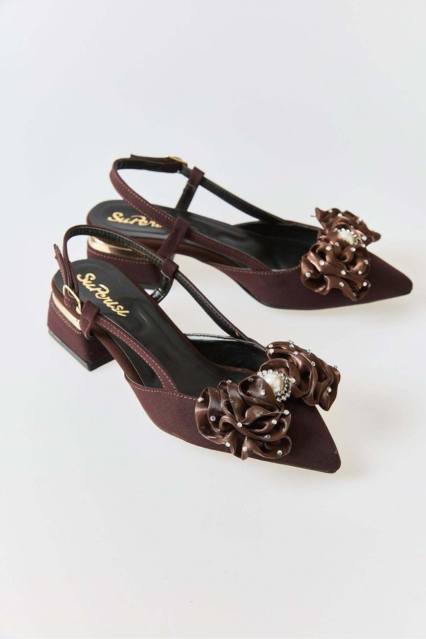 Brown Satin Textured Pointed Toe Large Bow Detailed Short Thick Heeled Slingback Shoes