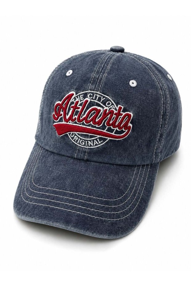 Navy Blue Denim Washed Fabric Adjustable Baseball Cap with Front Text Print and Embroidery Detail