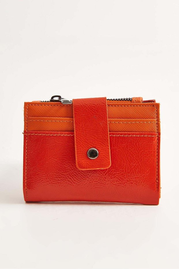 Orange Leather Look Compact Design Functional Card Holder Wallet with Zipper and Snap Closure