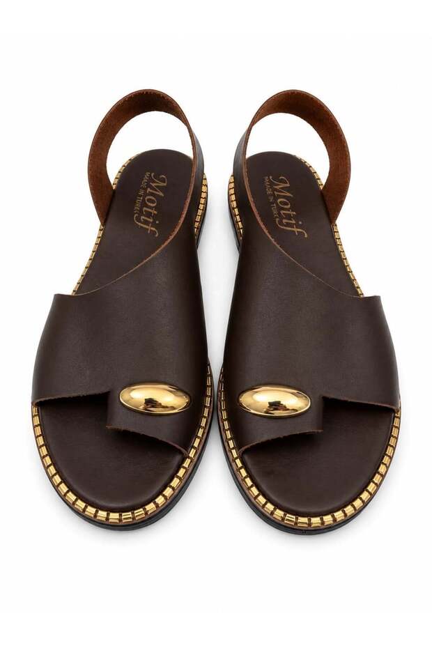 Brown Light Flexible Textured Thin Sole Comfortable Sandals with Gold Buckle Detail and Open Sides