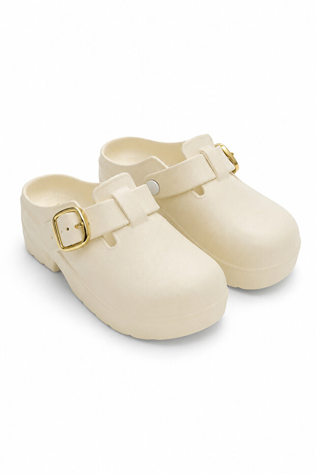 Ecru Gold Buckle High Platform Sole Six Centimeter Heeled Sabo Slippers