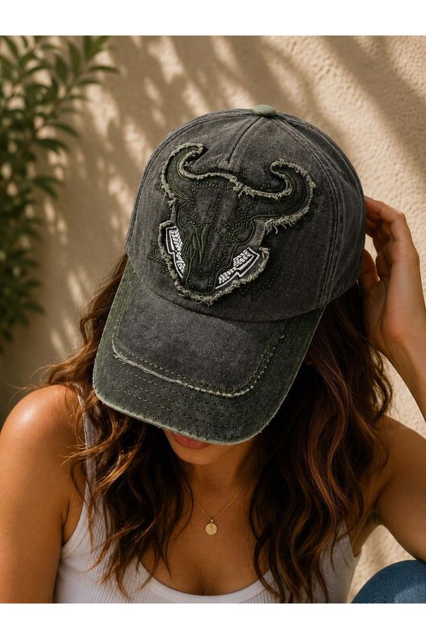 Anthracite Denim Washed Fabric Bull Figured Embroidered Printed Detailed Adjustable Form Hat