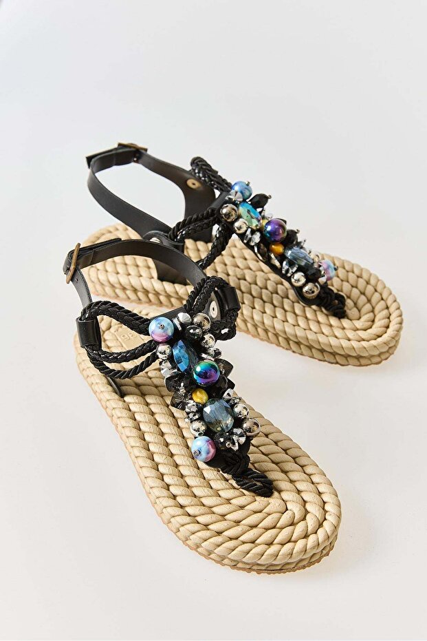 Black Sequin Embroidered Lightweight Rope Sole Casual Sandals with Colorful Accessories